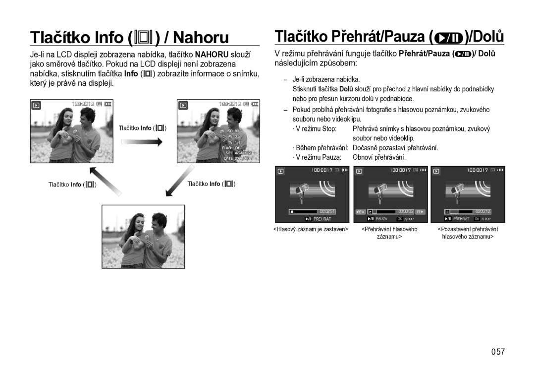 Samsung EC-L310WNBA/E3, EC-L310WBBA/E3, EC-L310WSBA/E3 manual Tlačítko Info / Nahoru, Tlačítko Přehrát/Pauza /Dolů, 057 