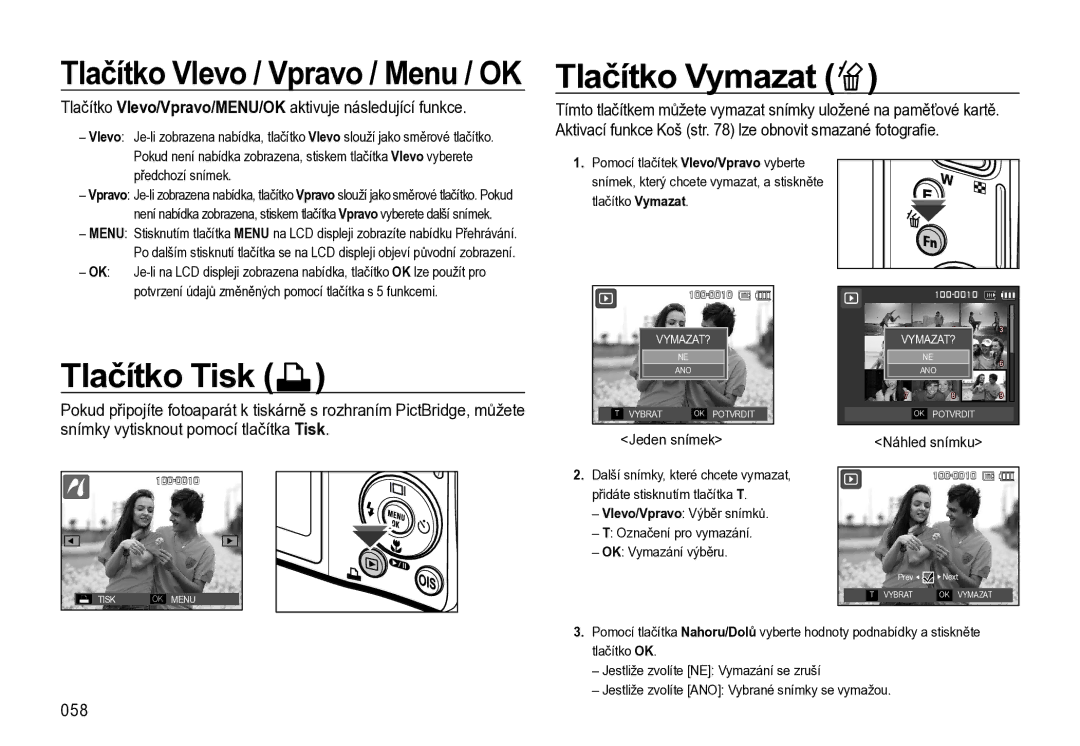 Samsung EC-L310WSBA/E3, EC-L310WBBA/E3, EC-L310WNBA/E3 Tlačítko Vymazat, Tlačítko Tisk, 058, Předchozí snímek, Jeden snímek 