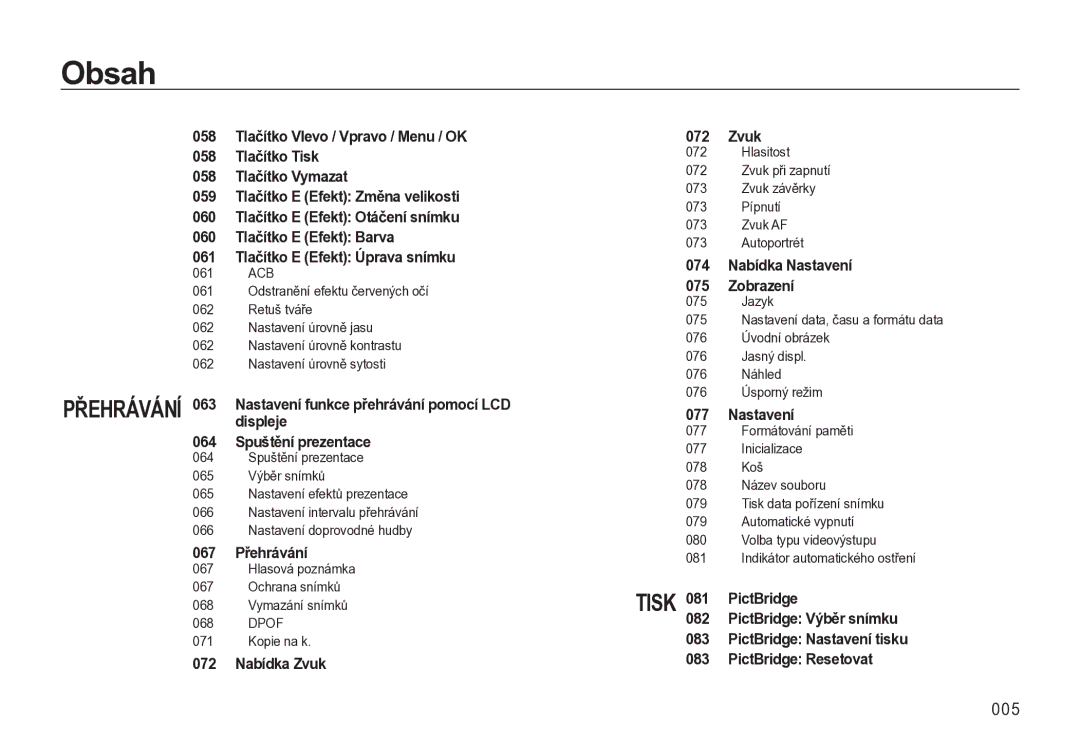 Samsung EC-L310WBBA/E3, EC-L310WNBA/E3 manual 005, 067 Přehrávání, 072 Nabídka Zvuk, 074 Nabídka Nastavení Zobrazení 