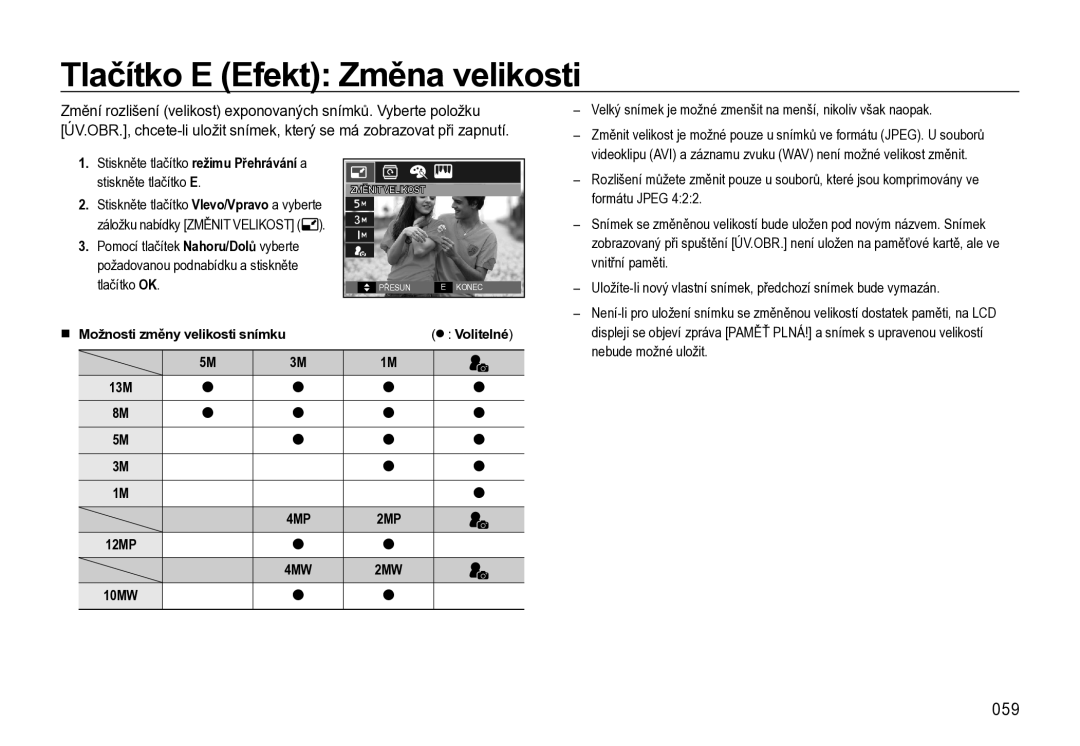 Samsung EC-L310WBBA/E3 manual Tlačítko E Efekt Změna velikosti, 059, Možnosti změny velikosti snímku, Volitelné, 13M 