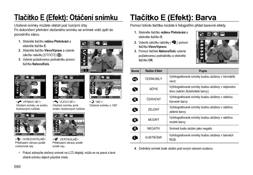 Samsung EC-L310WNBA/E3 Tlačítko E Efekt Barva, 060, Stiskněte tlačítko E, Tlačítka Vlevo/Vpravo, Ikona Režim Efekt Popis 