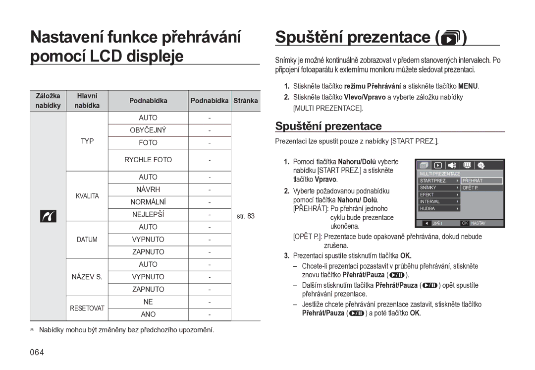 Samsung EC-L310WSBA/E3 manual Spuštění prezentace, 064, Záložka, Prezentaci lze spustit pouze z nabídky Start Prez 