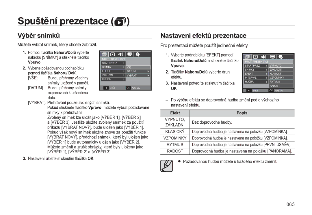 Samsung EC-L310WBBA/E3 manual Výběr snímků, Nastavení efektů prezentace, Můžete vybrat snímek, který chcete zobrazit, 065 