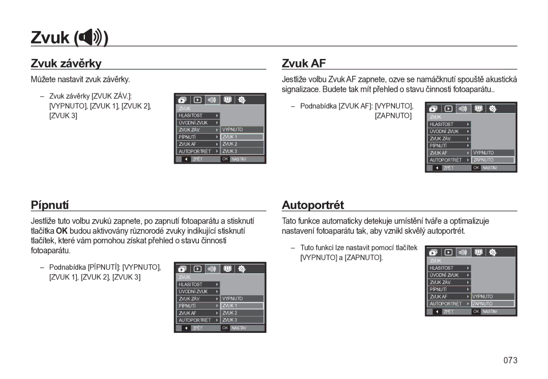 Samsung EC-L310WSBA/E3, EC-L310WBBA/E3, EC-L310WNBA/E3 Zvuk AF, Pípnutí, Autoportrét, Můžete nastavit zvuk závěrky, 073 