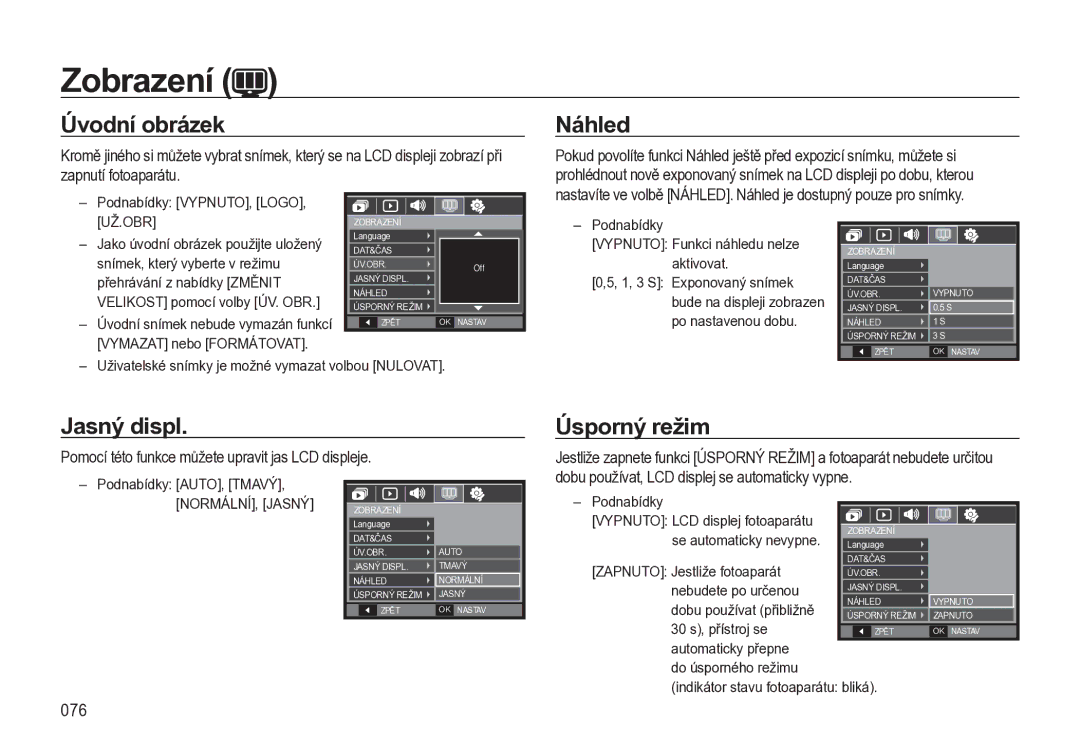 Samsung EC-L310WSBA/E3, EC-L310WBBA/E3, EC-L310WNBA/E3 manual Úvodní obrázek Náhled, Jasný displ, Úsporný režim, 076 