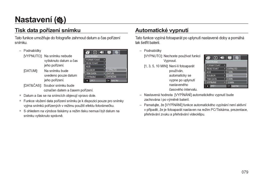 Samsung EC-L310WSBA/E3, EC-L310WBBA/E3, EC-L310WNBA/E3 manual Tisk data pořízení snímku Automatické vypnutí, 079 