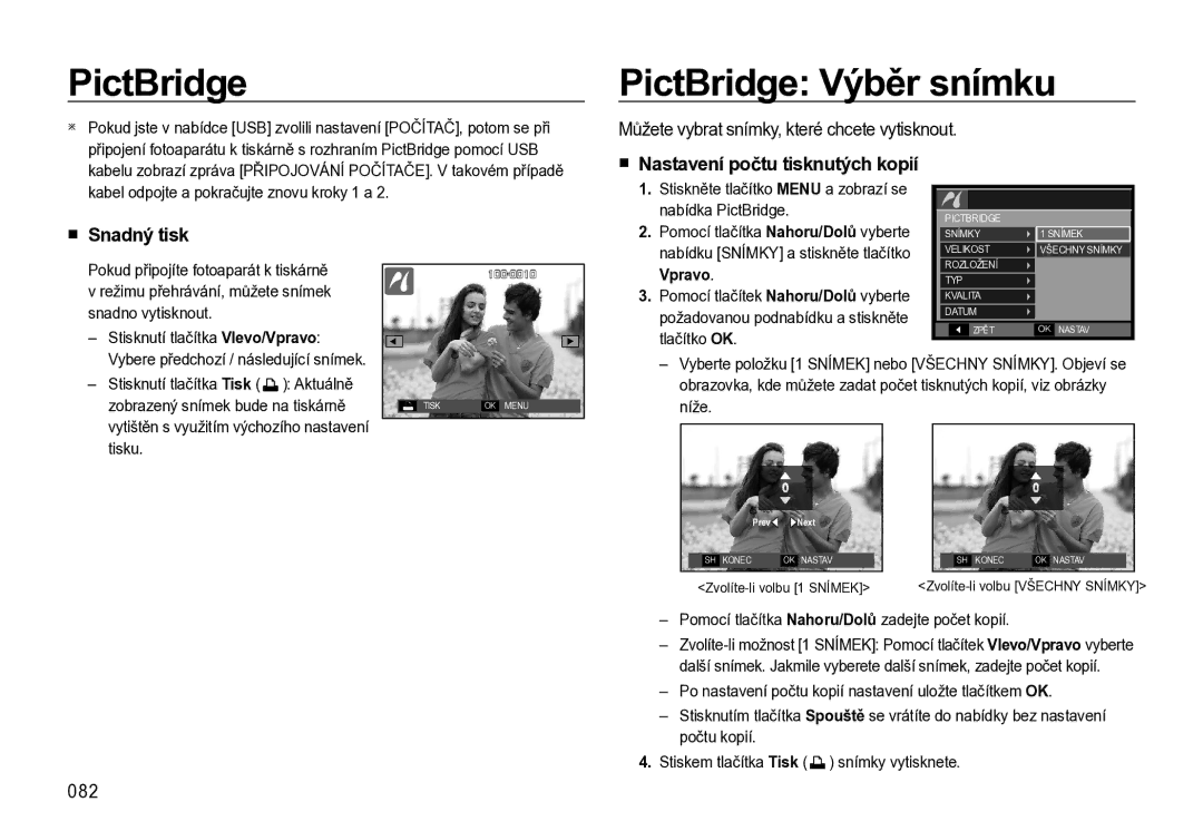 Samsung EC-L310WSBA/E3 manual PictBridge Výběr snímku, Můžete vybrat snímky, které chcete vytisknout, Snadný tisk, 082 