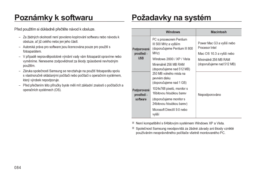 Samsung EC-L310WNBA/E3 Poznámky k softwaru, Požadavky na systém, Před použitím si důkladně přečtěte návod k obsluze, 084 