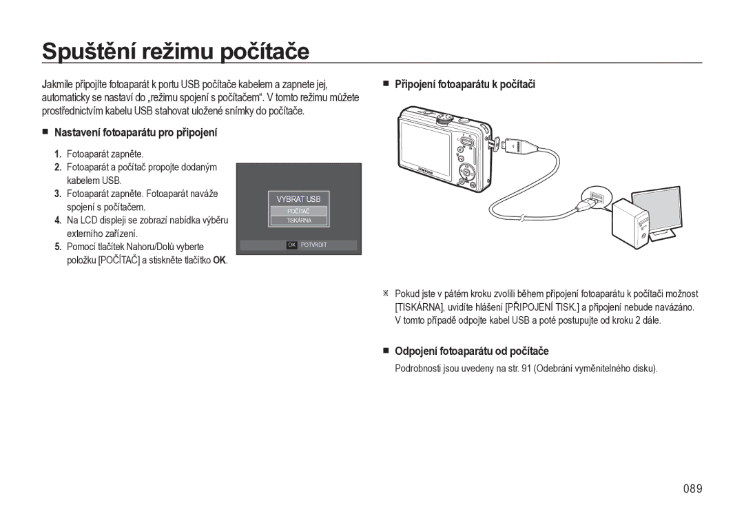 Samsung EC-L310WBBA/E3, EC-L310WNBA/E3, EC-L310WSBA/E3 manual Spuštění režimu počítače, Odpojení fotoaparátu od počítače, 089 