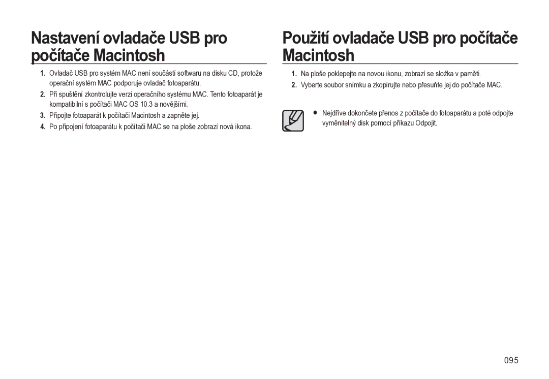 Samsung EC-L310WBBA/E3 Použití ovladače USB pro počítače Macintosh, Nastavení ovladače USB pro počítače Macintosh, 095 