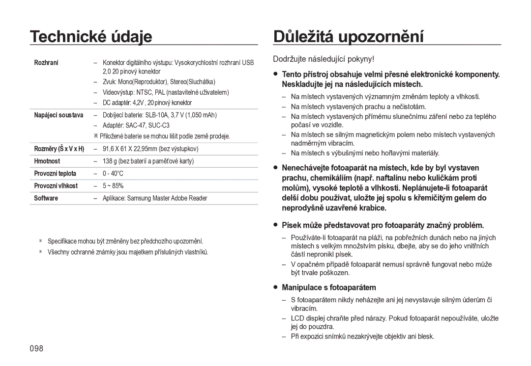 Samsung EC-L310WBBA/E3, EC-L310WNBA/E3 Důležitá upozornění, Dodržujte následující pokyny, Manipulace s fotoaparátem, 098 