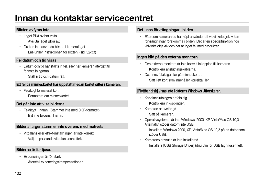 Samsung EC-L310WNBA/E2, EC-L310WBBA/E3 manual Blixten avfyras inte, Fel datum och tid visas, Det går inte att visa bilderna 