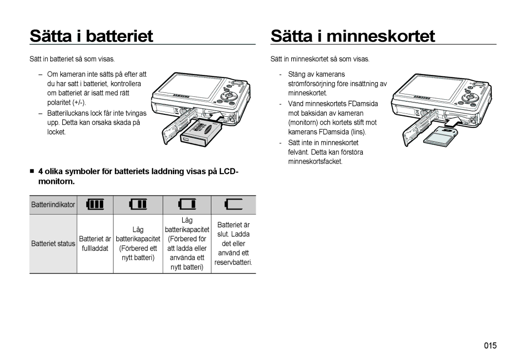 Samsung EC-L310WSBA/E2, EC-L310WBBA/E3, EC-L310WBBA/E2, EC-L310WNBA/E2 manual Sätta i batteriet, Sätta i minneskortet, 015 