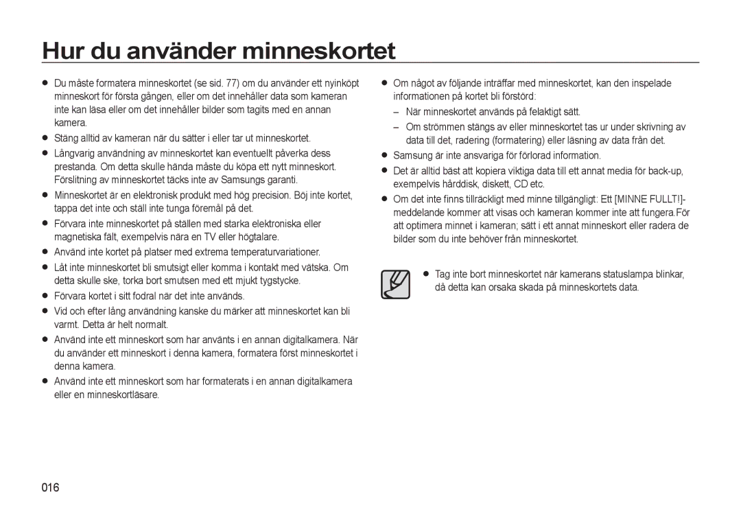 Samsung EC-L310WBBA/E2, EC-L310WBBA/E3, EC-L310WSBA/E2, EC-L310WNBA/E2, EC-L310WPBA/E2 manual Hur du använder minneskortet, 016 