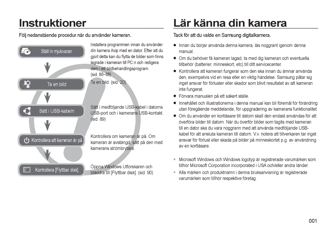 Samsung EC-L310WBBA/E2 manual Instruktioner, Lär känna din kamera, Följ nedanstående procedur när du använder kameran, 001 