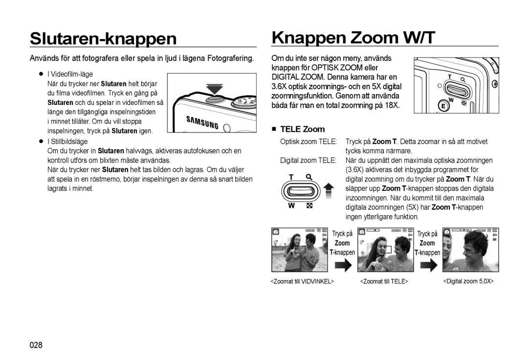 Samsung EC-L310WPBA/E2, EC-L310WBBA/E3, EC-L310WSBA/E2, EC-L310WBBA/E2 Slutaren-knappen, Knappen Zoom W/T, Tele Zoom, 028 