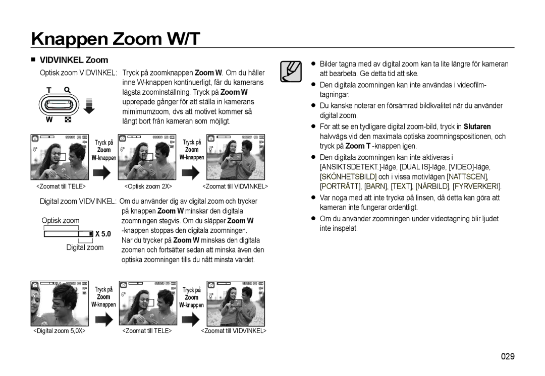 Samsung EC-L310WBBA/E3, EC-L310WSBA/E2, EC-L310WBBA/E2, EC-L310WNBA/E2 manual Vidvinkel Zoom, 029, Optisk zoom Digital zoom 