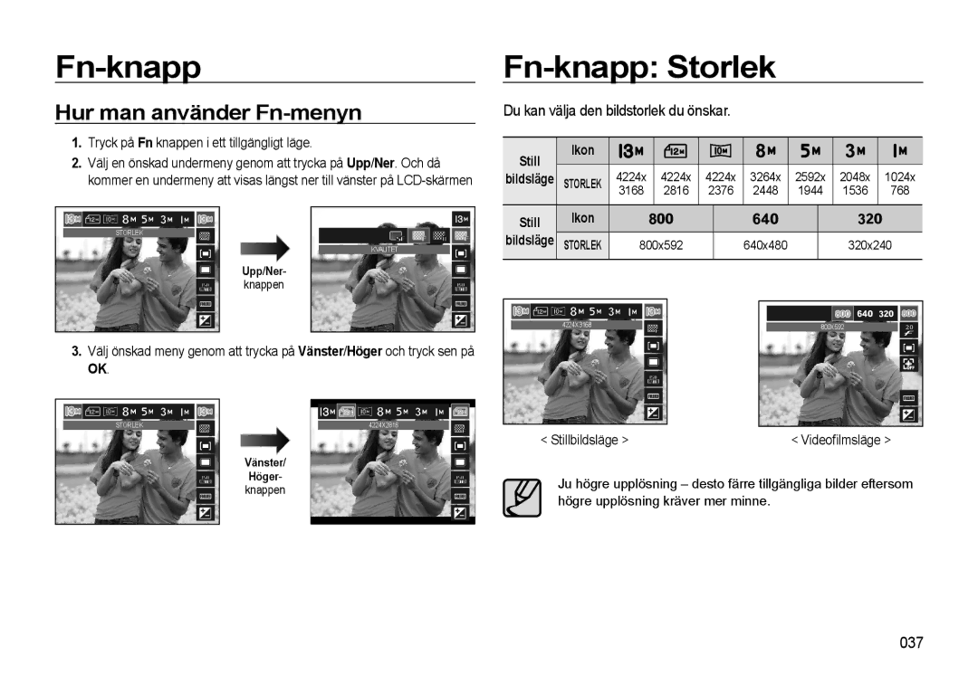 Samsung EC-L310WNBA/E2, EC-L310WBBA/E3 manual Fn-knapp Fn-knapp Storlek, Hur man använder Fn-menyn, 037, Still Ikon 