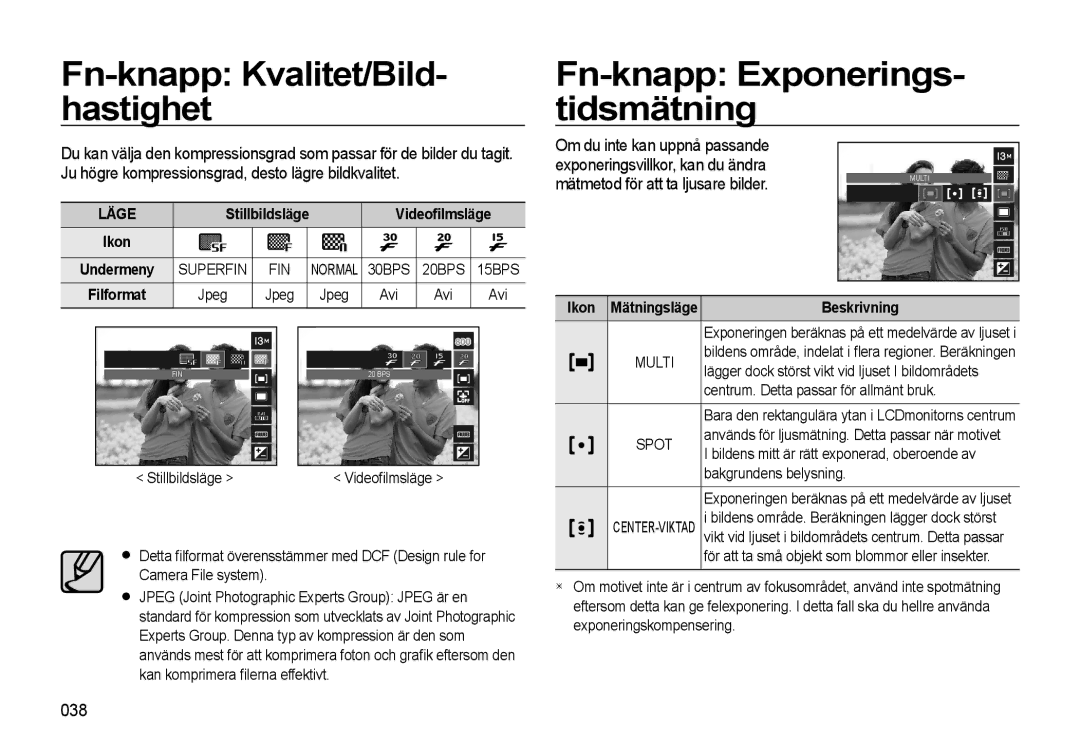 Samsung EC-L310WPBA/E2, EC-L310WBBA/E3 manual Fn-knapp Kvalitet/Bild- hastighet, Fn-knapp Exponerings- tidsmätning, 038 