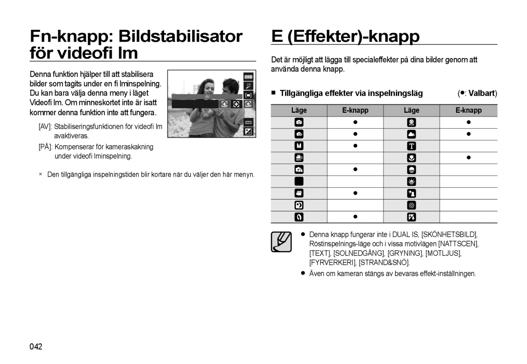 Samsung EC-L310WNBA/E2 Fn-knapp Bildstabilisator för videoﬁ lm Effekter-knapp, Tillgängliga effekter via inspelningsläg 