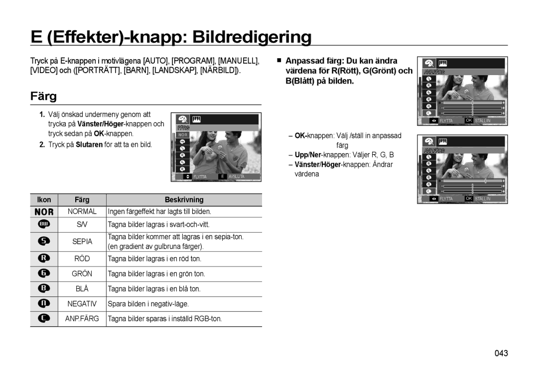 Samsung EC-L310WPBA/E2, EC-L310WBBA/E3 manual Effekter-knapp Bildredigering, Färg, 043, Vänster/Höger-knappen Ändrar värdena 