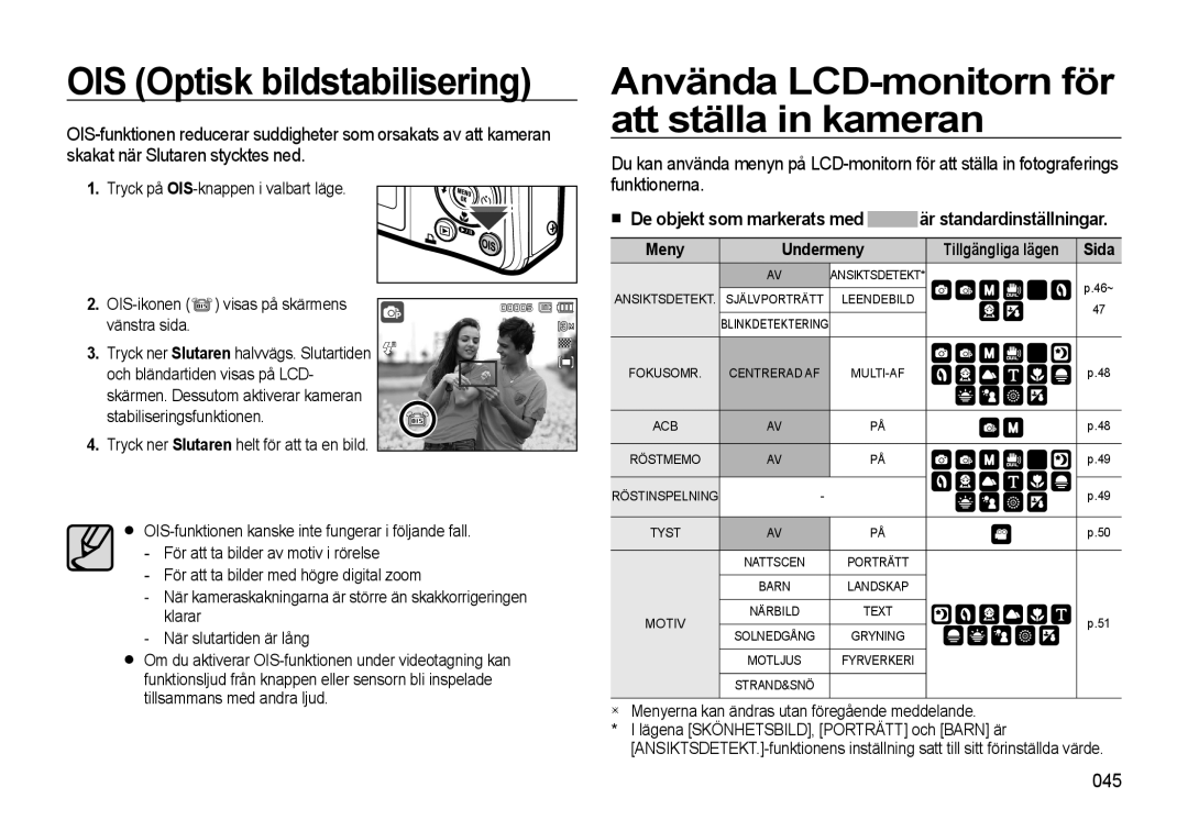 Samsung EC-L310WSBA/E2, EC-L310WBBA/E3 OIS Optisk bildstabilisering, Använda LCD-monitorn för att ställa in kameran, 045 