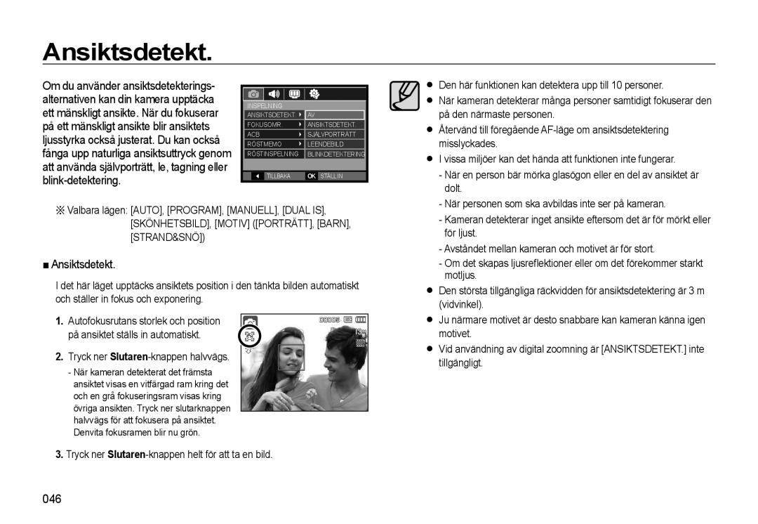 Samsung EC-L310WBBA/E2, EC-L310WBBA/E3, EC-L310WSBA/E2, EC-L310WNBA/E2, EC-L310WPBA/E2 manual Ansiktsdetekt, 046 