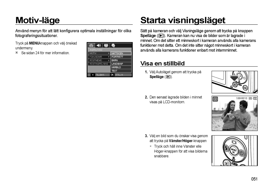 Samsung EC-L310WBBA/E2, EC-L310WBBA/E3, EC-L310WSBA/E2 manual Motiv-läge, Starta visningsläget, Visa en stillbild, 051 