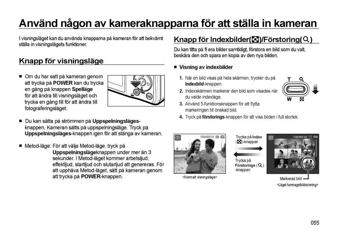 Samsung EC-L310WSBA/E2 manual Använd någon av kameraknapparna för att ställa in kameran, Knapp för visningsläge, 055 