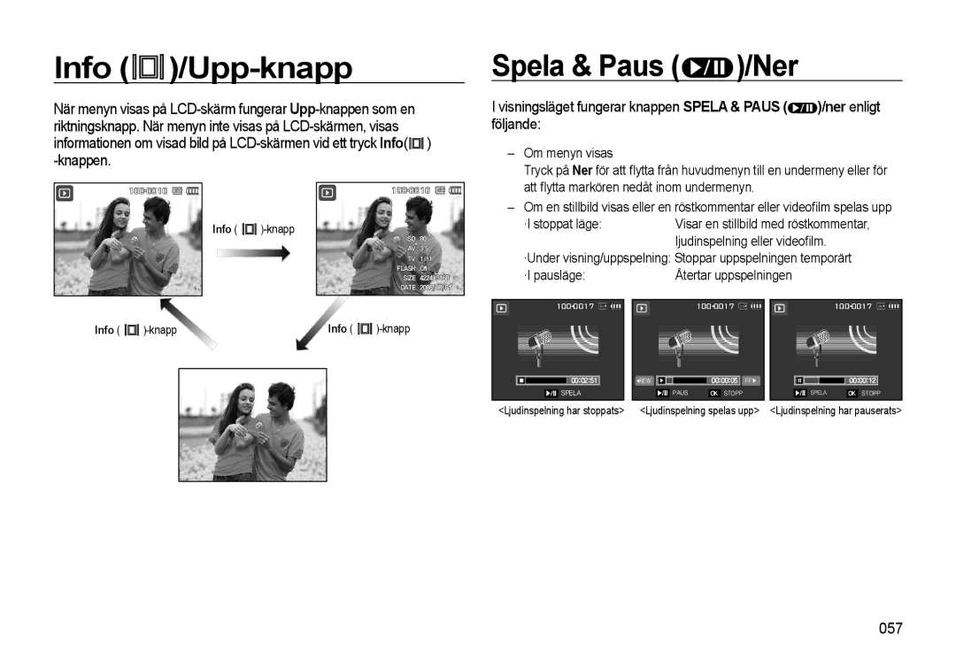 Samsung EC-L310WNBA/E2, EC-L310WBBA/E3, EC-L310WSBA/E2, EC-L310WBBA/E2 manual Info /Upp-knapp, Spela & Paus /Ner, 057 