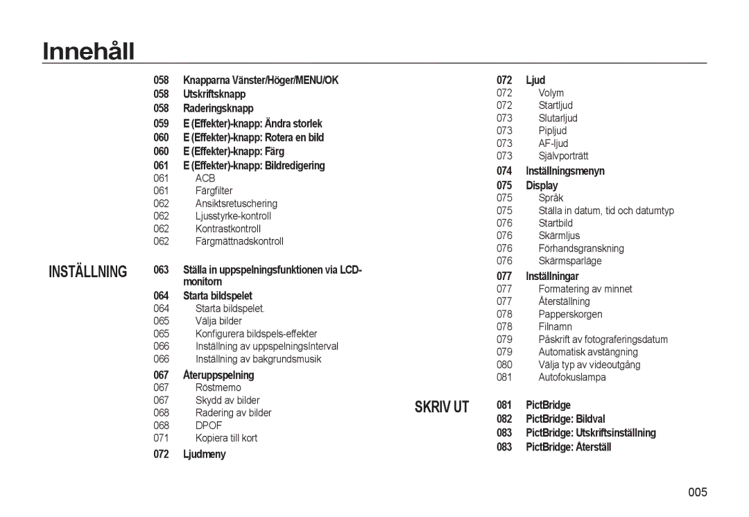 Samsung EC-L310WSBA/E2, EC-L310WBBA/E3 005, 061, 067 Röstmemo Skydd av bilder 068 Radering av bilder, Kopiera till kort 