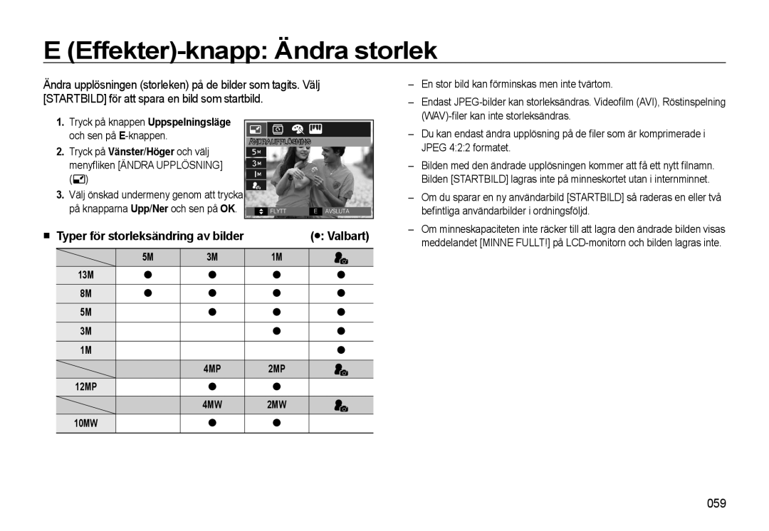 Samsung EC-L310WBBA/E3, EC-L310WSBA/E2, EC-L310WBBA/E2, EC-L310WNBA/E2 manual Effekter-knapp Ändra storlek, Valbart, 059, 13M 