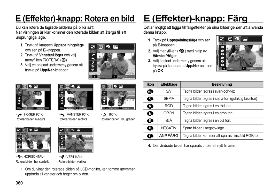 Samsung EC-L310WSBA/E2 Effekter-knapp Färg, 060, Välj menyﬂiken med hjälp av Vänster/Höger, Ikon Effektläge Beskrivning 