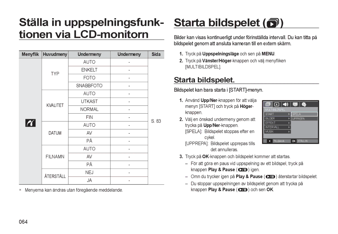 Samsung EC-L310WBBA/E3, EC-L310WSBA/E2 manual Ställa in uppspelningsfunk- tionen via LCD-monitorn, Starta bildspelet, 064 