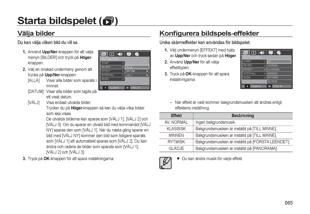 Samsung EC-L310WSBA/E2 manual Välja bilder, Konﬁgurera bildspels-effekter, Du kan välja vilken bild du vill se, 065 