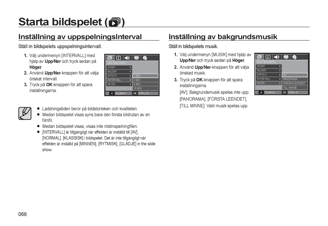 Samsung EC-L310WBBA/E2 Ställ in bildspelets musik, 066, Önskad musik, Tryck på OK-knappen för att spara, Inställningarna 