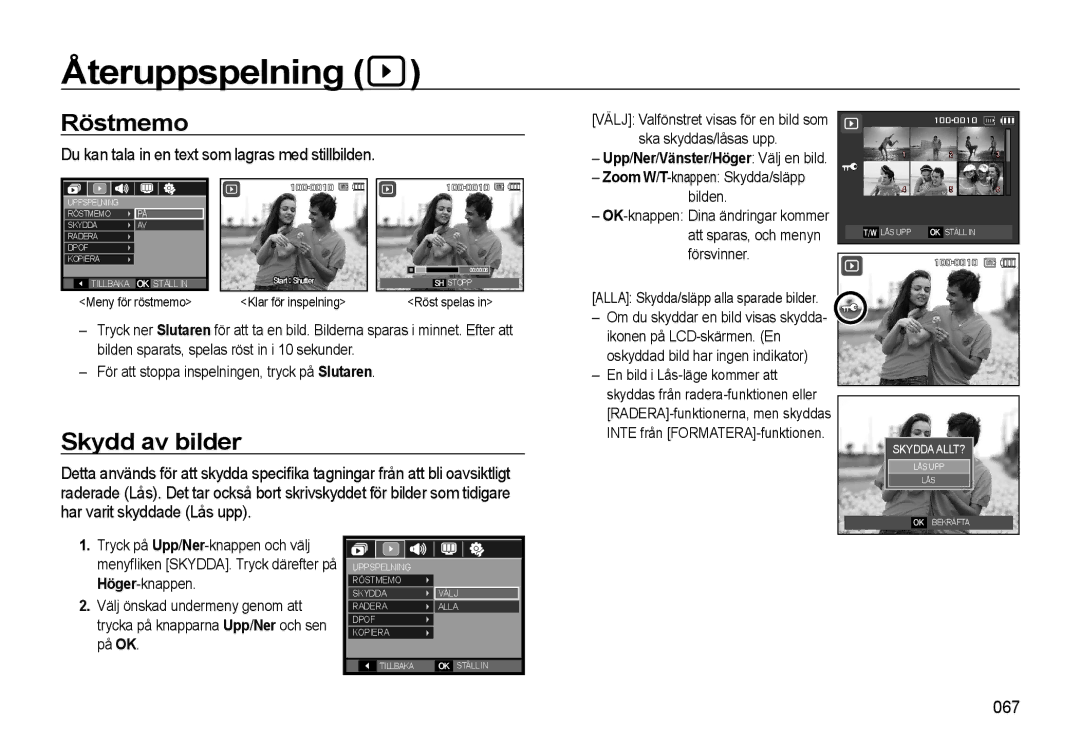 Samsung EC-L310WNBA/E2 Återuppspelning, Röstmemo, Skydd av bilder, Du kan tala in en text som lagras med stillbilden, 067 