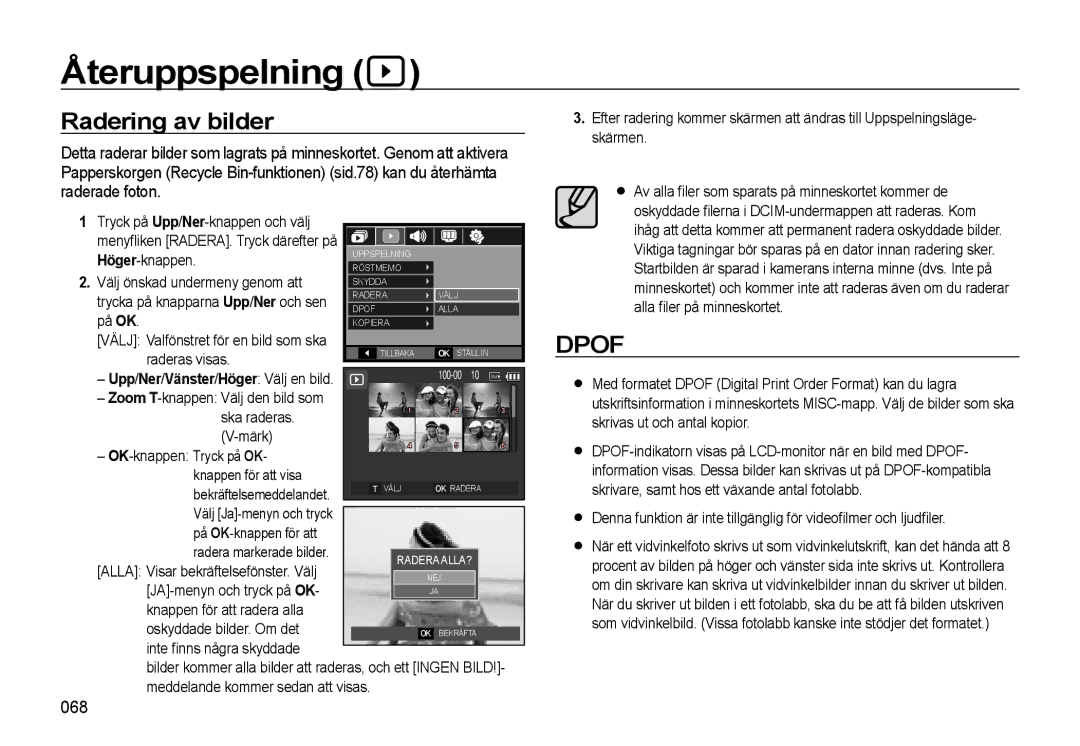 Samsung EC-L310WPBA/E2, EC-L310WBBA/E3, EC-L310WSBA/E2, EC-L310WBBA/E2 manual Radering av bilder, 068, På OK-knappen för att 