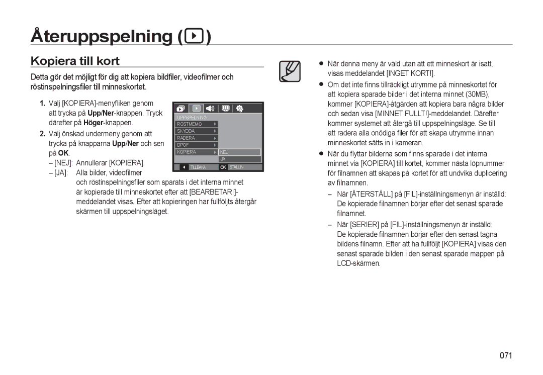 Samsung EC-L310WBBA/E2, EC-L310WBBA/E3 Kopiera till kort, 071, Välj KOPIERA-menyﬂiken genom, Därefter på Höger-knappen 