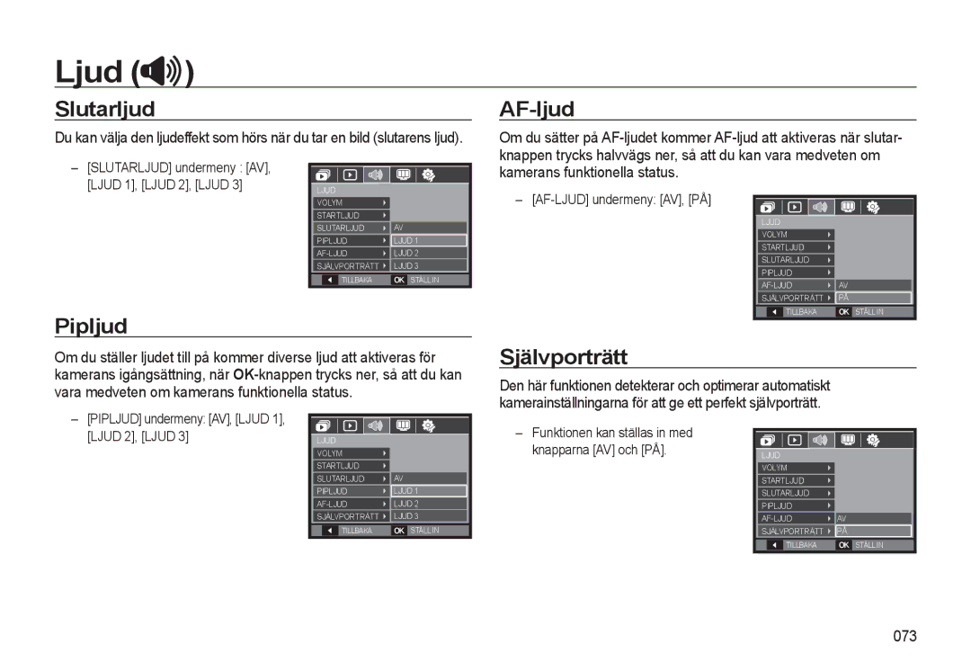 Samsung EC-L310WPBA/E2, EC-L310WBBA/E3 manual Slutarljud AF-ljud, Pipljud, Självporträtt, Kamerans funktionella status, 073 