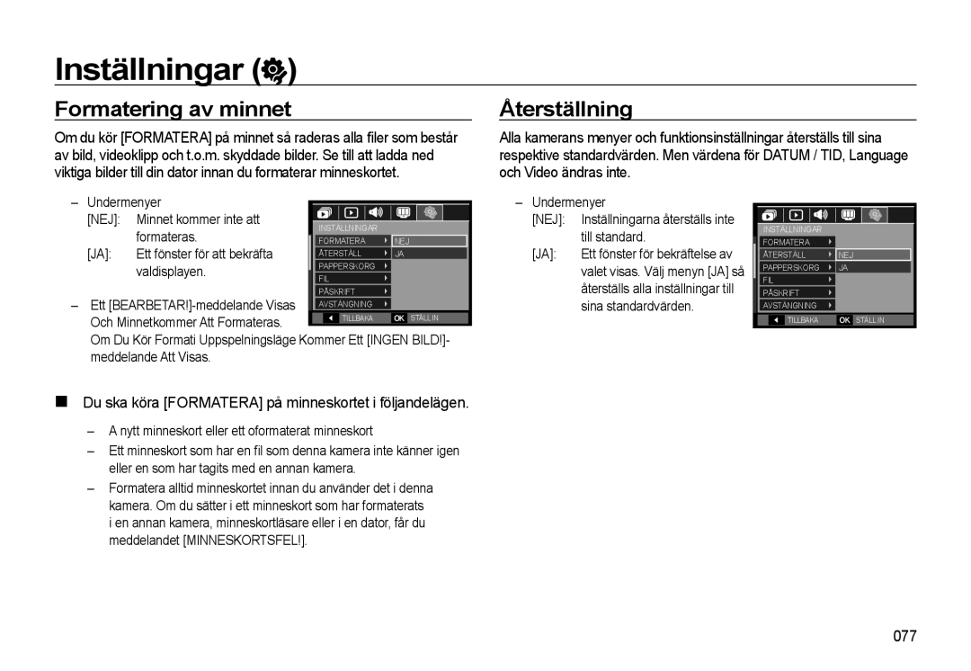 Samsung EC-L310WNBA/E2, EC-L310WBBA/E3, EC-L310WSBA/E2 manual Inställningar, Formatering av minnet Återställning, 077 