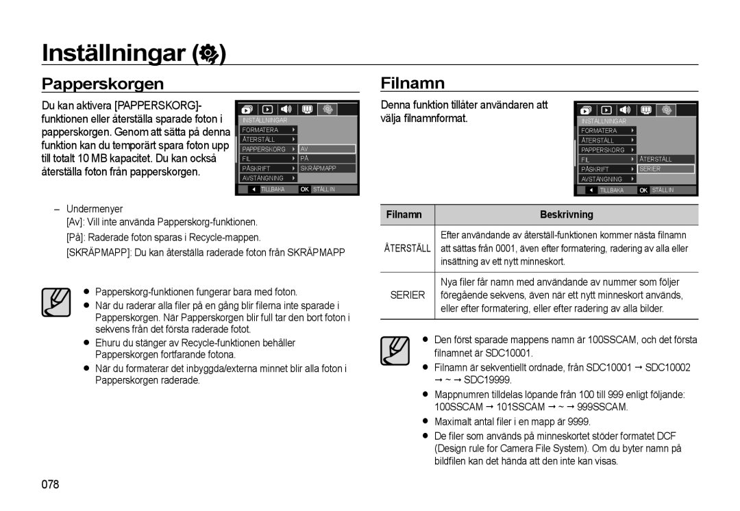 Samsung EC-L310WPBA/E2, EC-L310WBBA/E3 Papperskorgen Filnamn, 078, Filnamn Beskrivning, Insättning av ett nytt minneskort 