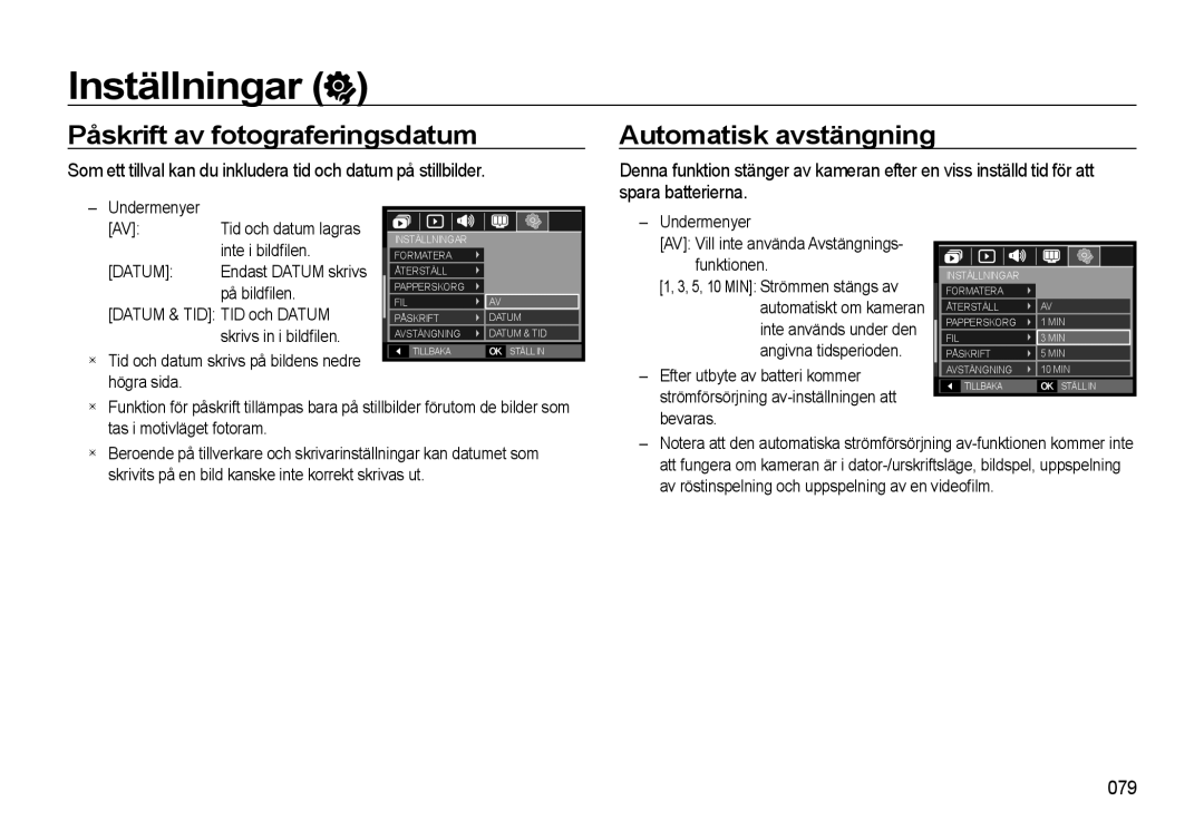 Samsung EC-L310WBBA/E3, EC-L310WSBA/E2, EC-L310WBBA/E2 manual Påskrift av fotograferingsdatum Automatisk avstängning, 079 