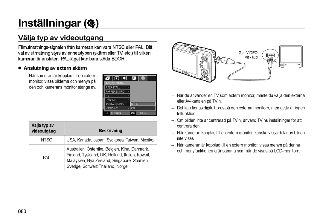 Samsung EC-L310WSBA/E2 Välja typ av videoutgång, Anslutning av extern skärm, 080, Välja typ av Beskrivning Videoutgång 