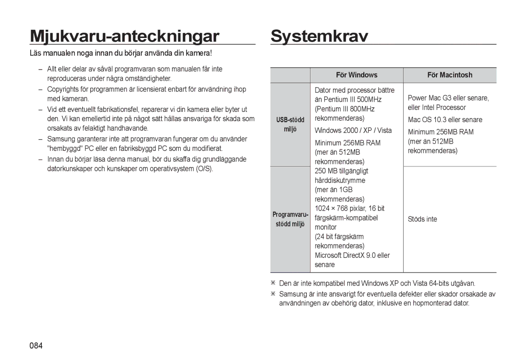 Samsung EC-L310WBBA/E3 Mjukvaru-anteckningar, Systemkrav, Läs manualen noga innan du börjar använda din kamera, 084 