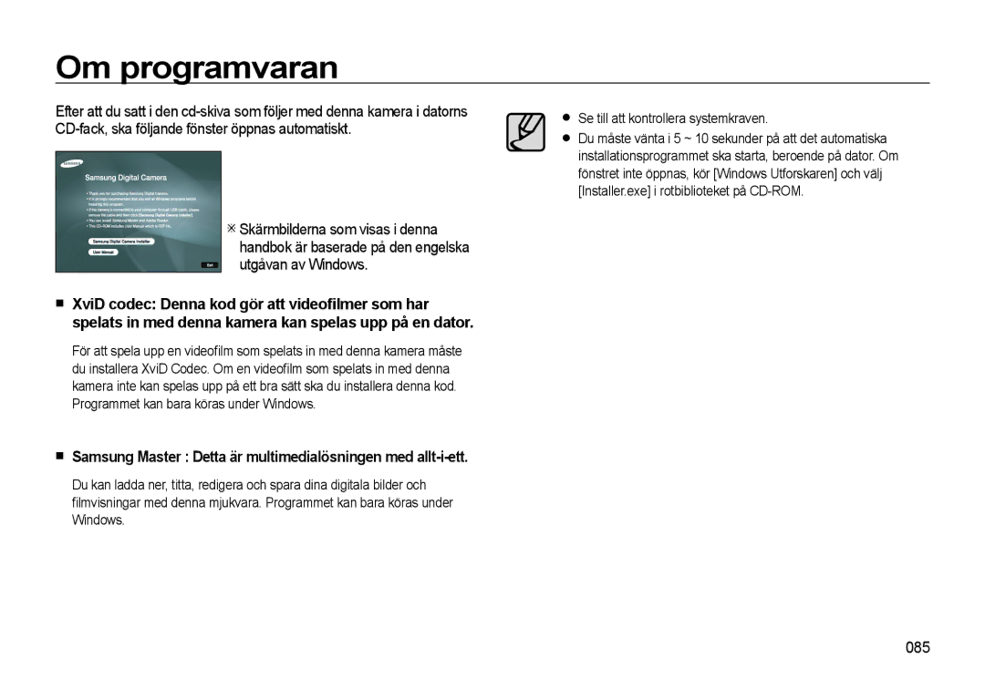 Samsung EC-L310WSBA/E2, EC-L310WBBA/E3 Om programvaran, Samsung Master Detta är multimedialösningen med allt-i-ett, 085 