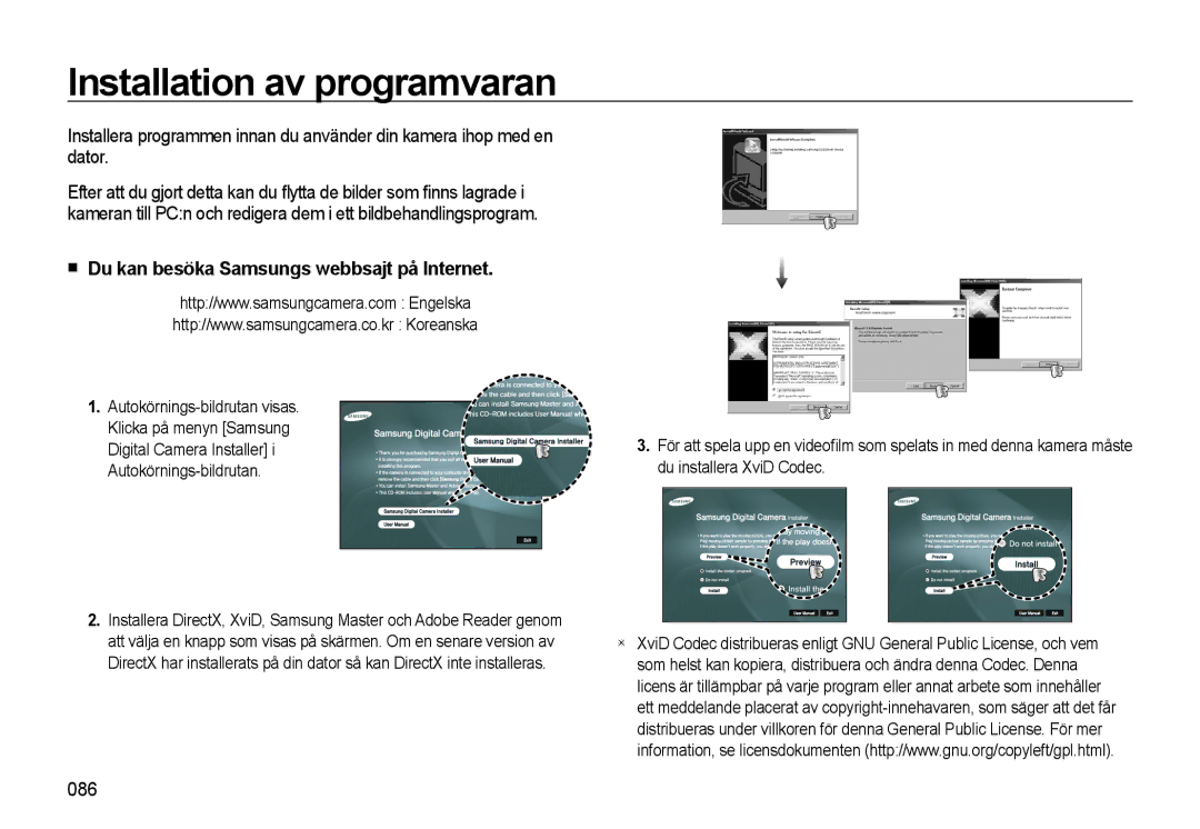 Samsung EC-L310WBBA/E2, EC-L310WBBA/E3 manual Installation av programvaran, Du kan besöka Samsungs webbsajt på Internet, 086 