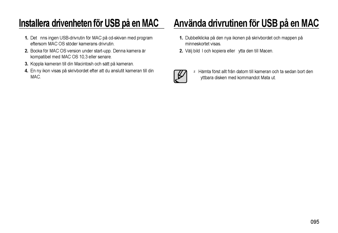 Samsung EC-L310WSBA/E2, EC-L310WBBA/E3, EC-L310WBBA/E2, EC-L310WNBA/E2 manual Installera drivenheten för USB på en MAC, 095 