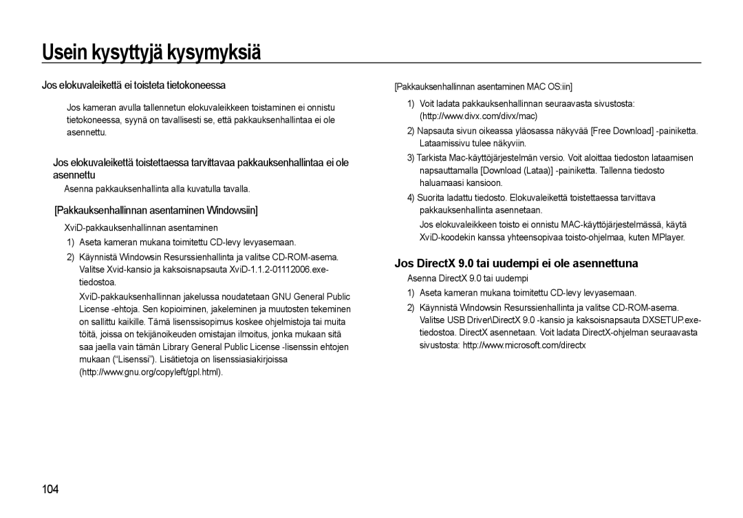 Samsung EC-L310WBBA/E3 manual Jos DirectX 9.0 tai uudempi ei ole asennettuna, Jos elokuvaleikettä ei toisteta tietokoneessa 