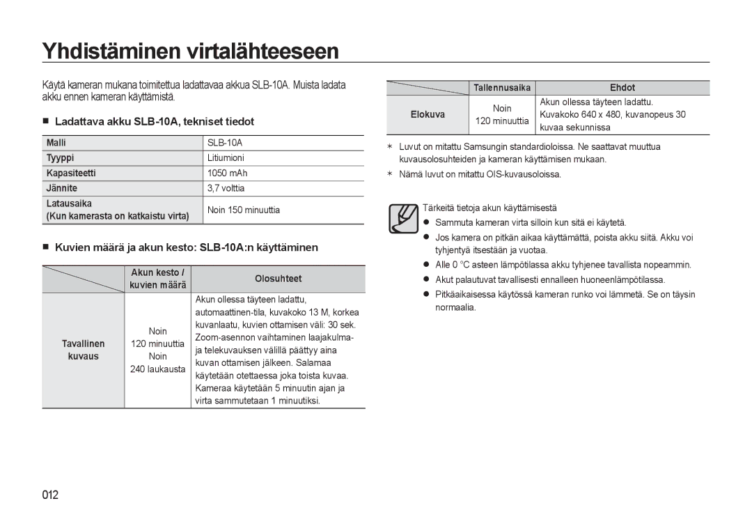 Samsung EC-L310WNBA/E2, EC-L310WBBA/E3 manual Yhdistäminen virtalähteeseen, Ladattava akku SLB-10A, tekniset tiedot 